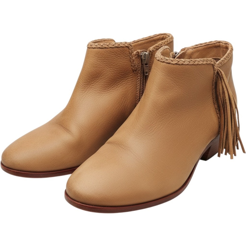 Sam Edelman Paige Tan Leather Fringe Ankle Boots Western Side Zip 7.5M